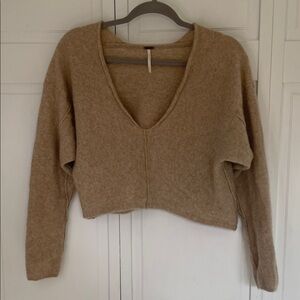 Free People Soft Camel Fuzzy 100% Cashmere Cropped Knit Sweater SzS